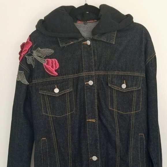 36Point5 Floral Embroidered Hooded Jean Jacket Size L - Picture 1 of 6